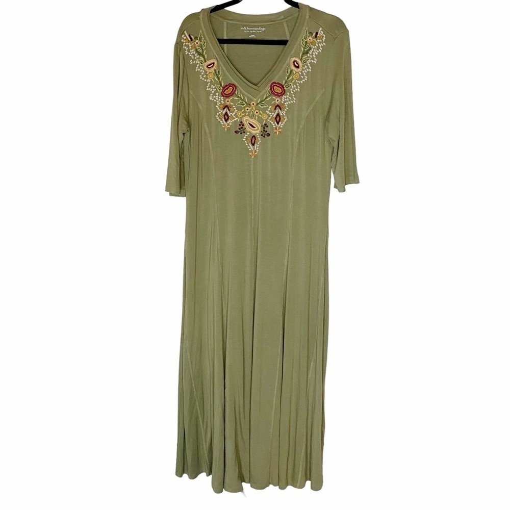 Soft Surroundings Cozy Vieja Floral Embroidered Jersey Dress Maxi Green Large